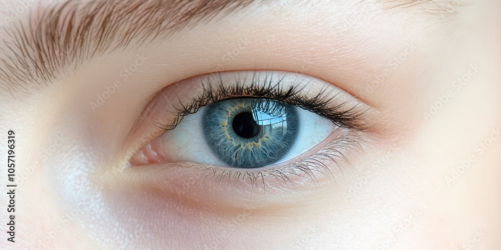 Blue eye of a young Caucasian woman, close-up view, showcasing intricate details and vivid color. High resolution and captured with professional equipment. Blue eye of a young Caucasian woman, close-up view, showcasing intricate details and vivid color. High resolution and captured with professional equipment.