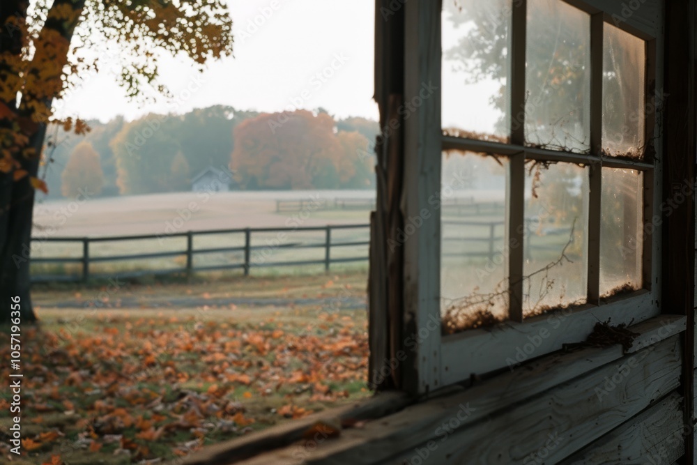 A misty morning view through a weathered window, overlooking a field with distant autumn trees and a wooden fence framing the serene landscape. A misty morning view through a weathered window, overlooking a field with distant autumn trees and a wooden fence framing the serene landscape.