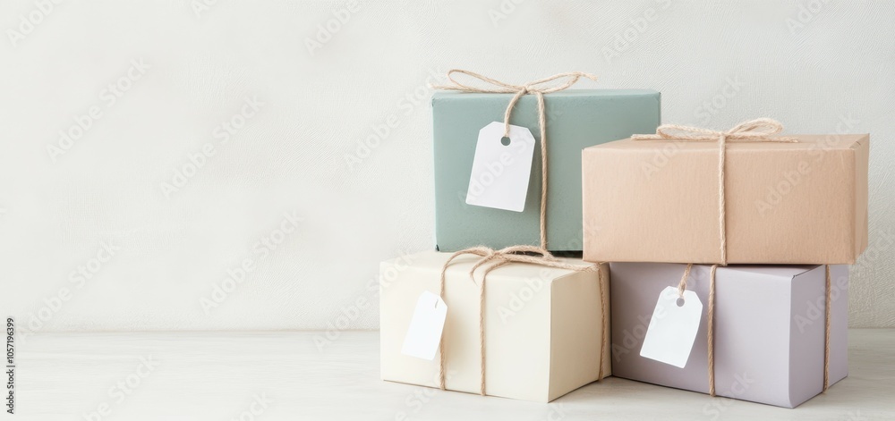 Stack of pastel colored gift boxes tied with twine, placed on a light background. Stack of pastel colored gift boxes tied with twine, placed on a light background.