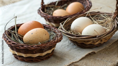 Three Fresh Eggs in Rustic Baskets with Copy Space for Farm Fresh Product Promotion