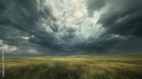 Storm over a flat meadow, with dark clouds swirling, generative ai