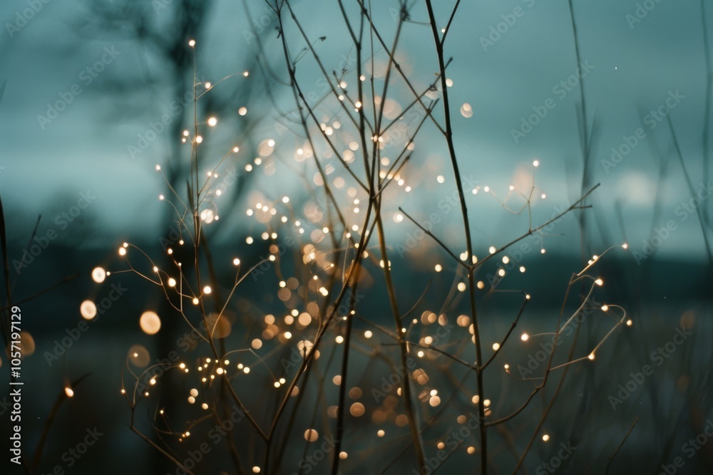 Delicate fairy lights twinkle amidst bare branches, casting a magical glow against a dusky sky, creating a serene, enchanting atmosphere. Delicate fairy lights twinkle amidst bare branches, casting a magical glow against a dusky sky, creating a serene, enchanting atmosphere.