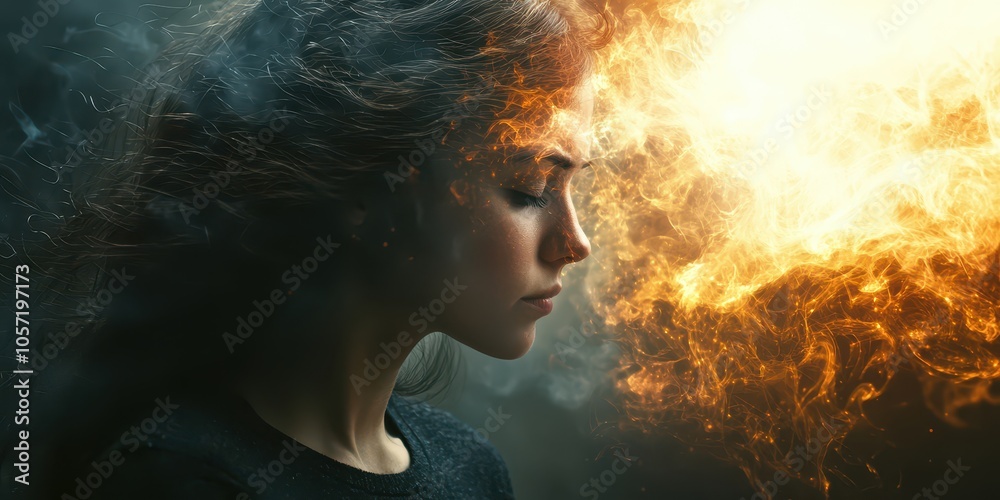 Young woman experiencing depression with a visual representation of her mind disintegrating, captured in high resolution. Young woman experiencing depression with a visual representation of her mind disintegrating, captured in high resolution.