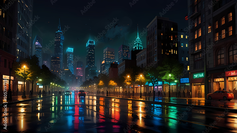 Naklejka premium Lively cityscape at night illuminated by city lights