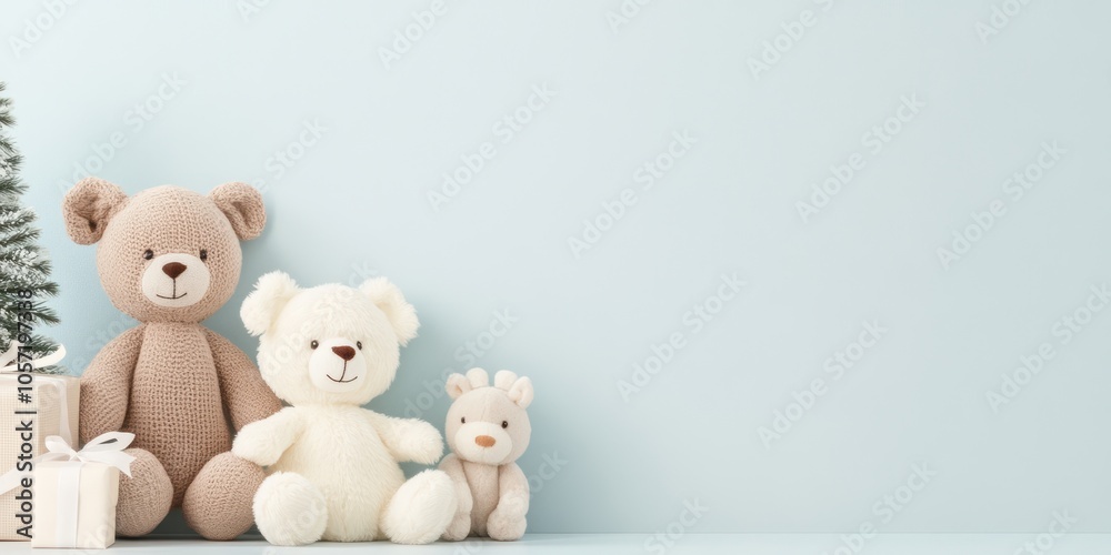 Three cute teddy bears sitting beside a Christmas tree and gift on a soft blue background. Three cute teddy bears sitting beside a Christmas tree and gift on a soft blue background.