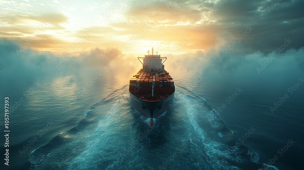 Obraz premium A large cargo ship braves the tumultuous sea under a stormy sky.