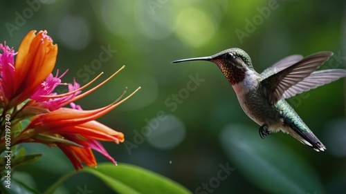 A hummingbird hovering near vibrant flowers in a lush, green environment. photo