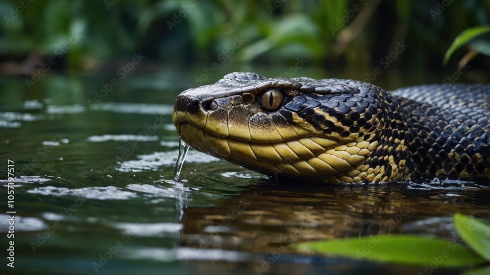 A close-up of a snake partially submerged in water, showcasing its scales and habitat. A close-up of a snake partially submerged in water, showcasing its scales and habitat.