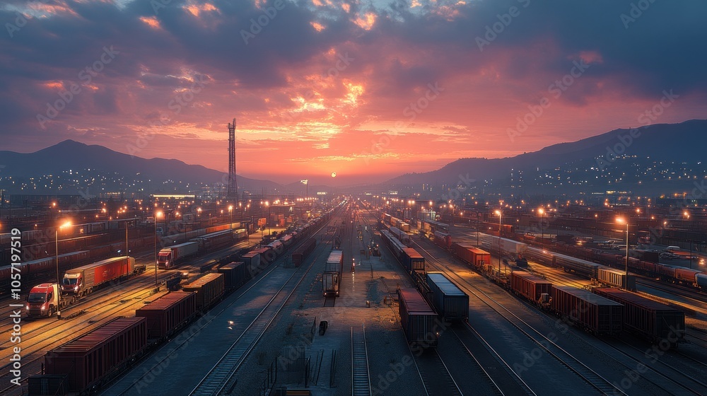 Fototapeta premium Sunset over a bustling freight yard with illuminated cargo containers.