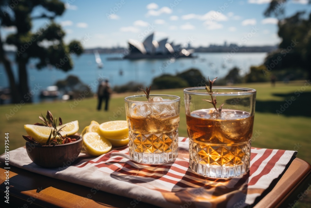 Two drinks with lemon slices on a tray, overlooking a scenic waterfront view. Two drinks with lemon slices on a tray, overlooking a scenic waterfront view.