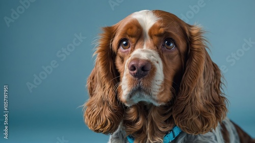 A close-up of a brown and white dog with soulful eyes against a blue background.