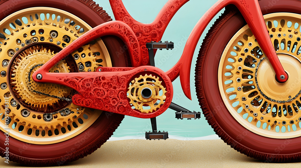 Naklejka premium Red and gold bicycle with intricate details on the beach.