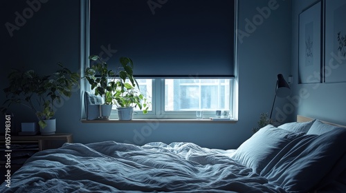 Blackout roller blinds in a cozy bedroom, fully drawn to block out light, creating a peaceful, dark environment for rest, with soft bedding and minimalist decor 