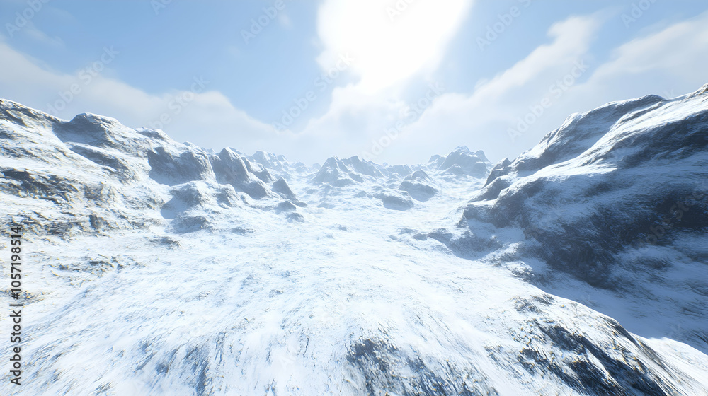 Obraz premium Snowy mountain valley with a bright sky.