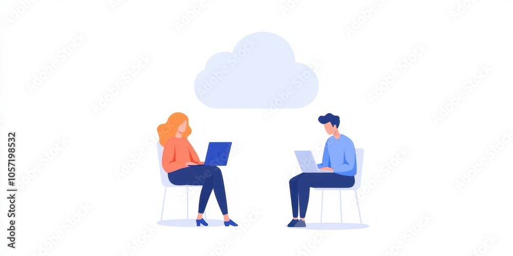 Two professionals collaborating online with laptops in a modern workspace.
