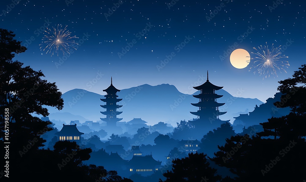 Fototapeta premium Serene night scene with pagodas, mountains, fireworks, and a large moon.