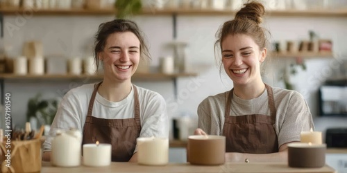 Two smiling women in aprons at a candle-making workshop, showcasing a variety of handmade candles in a cozy workshop environment.