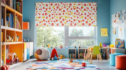 Colorful patterned roller blinds fully extended, adding a playful touch to a bright, vibrant childrenâ€™s room filled with toys and books 