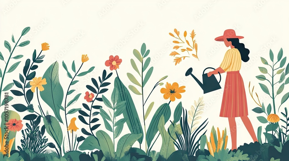 Woman Watering Plants in Vibrant Garden Setting Woman Watering Plants in Vibrant Garden Setting