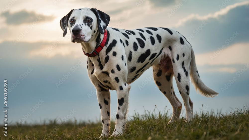 A Dalmatian dog stands in a grassy field against a cloudy sky backdrop. A Dalmatian dog stands in a grassy field against a cloudy sky backdrop.