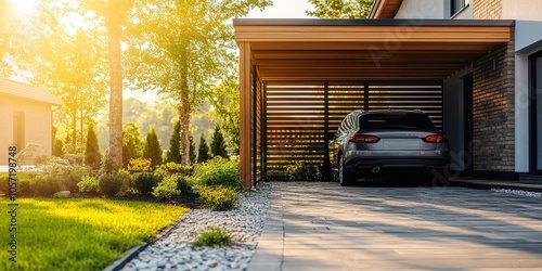 Modern wooden carport beside a detached house, showcasing a new and contemporary design. High-resolution image captured with a professional DSLR camera.