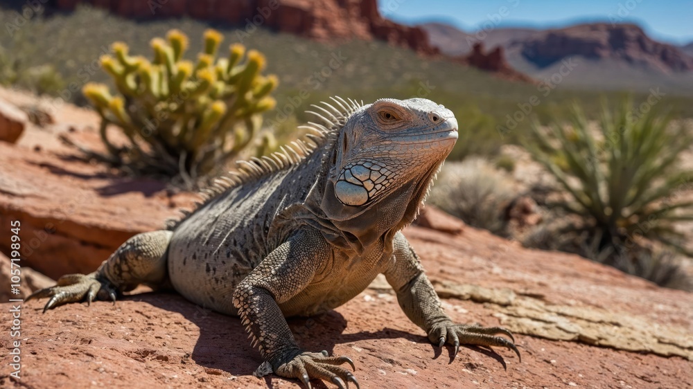 A lizard sunbathing on a rock in a desert landscape with cacti in the background. A lizard sunbathing on a rock in a desert landscape with cacti in the background.