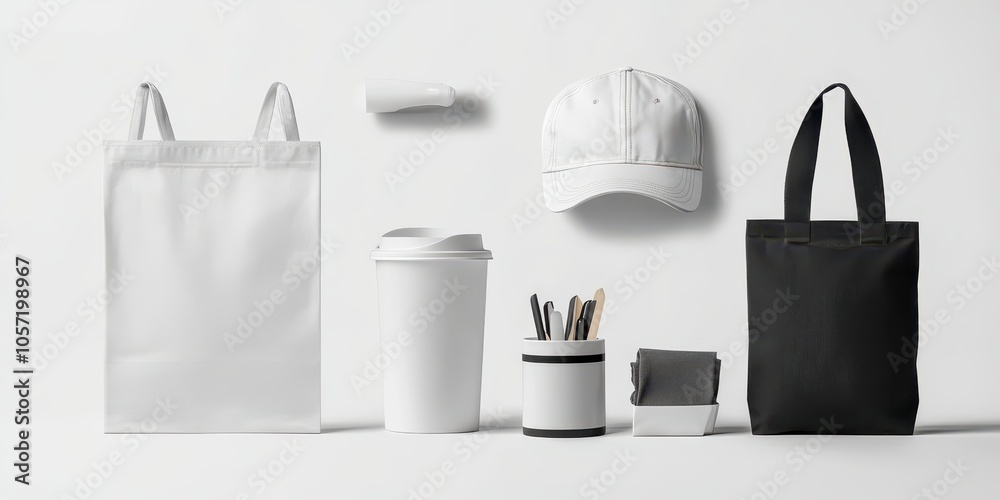 © amelisk - Modern promotional merchandise mockup with T-shirt, tote bag, caps, mugs, and branded items on a white background. High-resolution photo. © amelisk - Modern promotional merchandise mockup with T-shirt, tote bag, caps, mugs, and branded items on a white background. High-resolution photo.