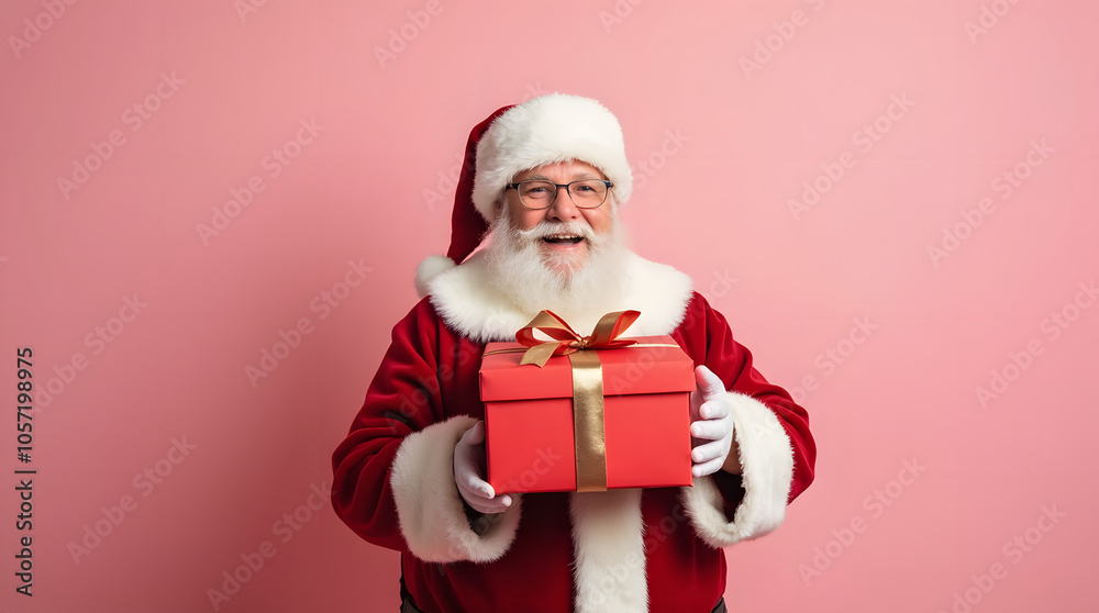Portrait of his he nice attractive cheerful cheery Santa father holding in hands giving handling large giftbox congratulation congrats greetings North Pole isolated over pink pastel color background Portrait of his he nice attractive cheerful cheery Santa father holding in hands giving handling large giftbox congratulation congrats greetings North Pole isolated over pink pastel color background