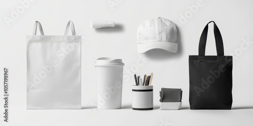 Modern promotional merchandise mockup with T-shirt, tote bag, caps, mugs, and branded items on a white background. High-resolution photo. photo