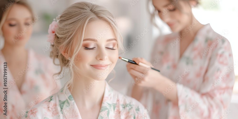 A beautiful bride enjoying makeup application while friends assist in a bright, airy setting. A beautiful bride enjoying makeup application while friends assist in a bright, airy setting.