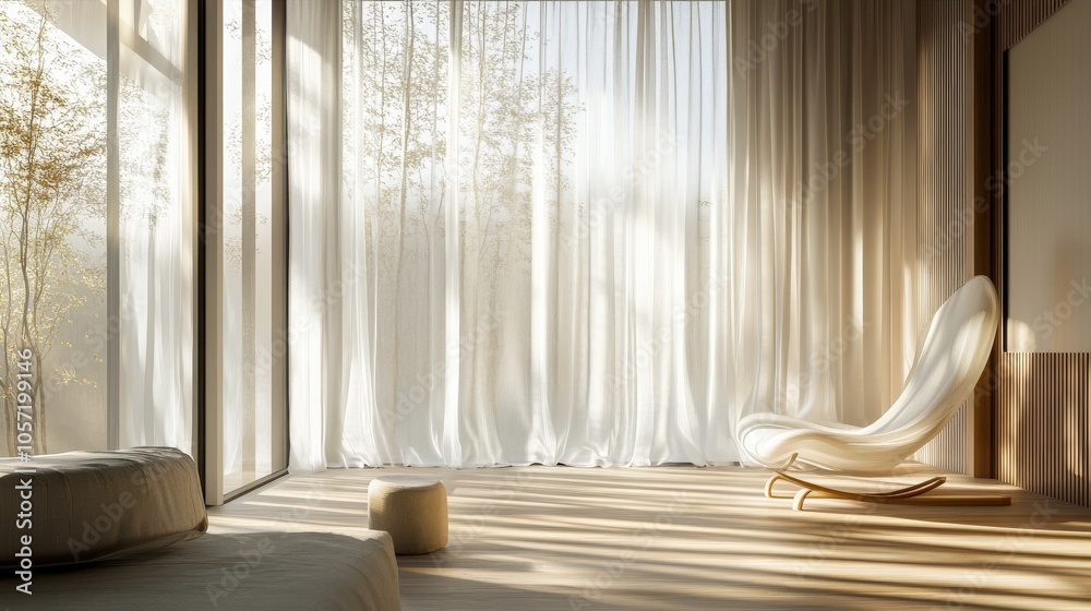 Elegant sheer curtains softly billowing in the breeze, with sunlight filtering through and casting delicate shadows on a minimalist living room floor Elegant sheer curtains softly billowing in the breeze, with sunlight filtering through and casting delicate shadows on a minimalist living room floor