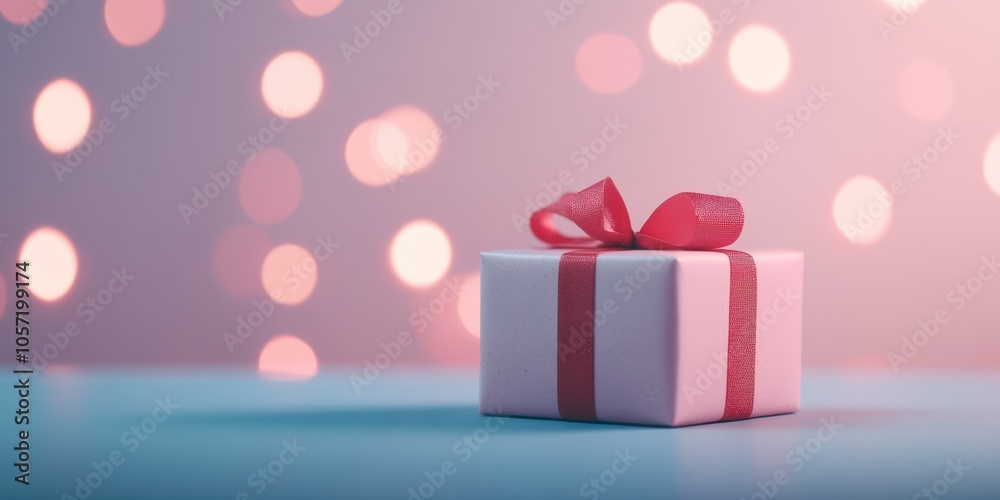 A beautifully wrapped gift box with a red ribbon rests on a table against a soft, glowing bokeh background.