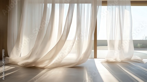 Elegant sheer curtains softly billowing in the breeze, with sunlight filtering through and casting delicate shadows on a minimalist living room floor 