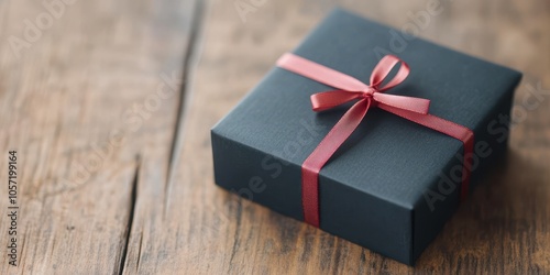 A beautifully wrapped black gift box with a red ribbon on a rustic wooden table, perfect for celebrations and special occasions.