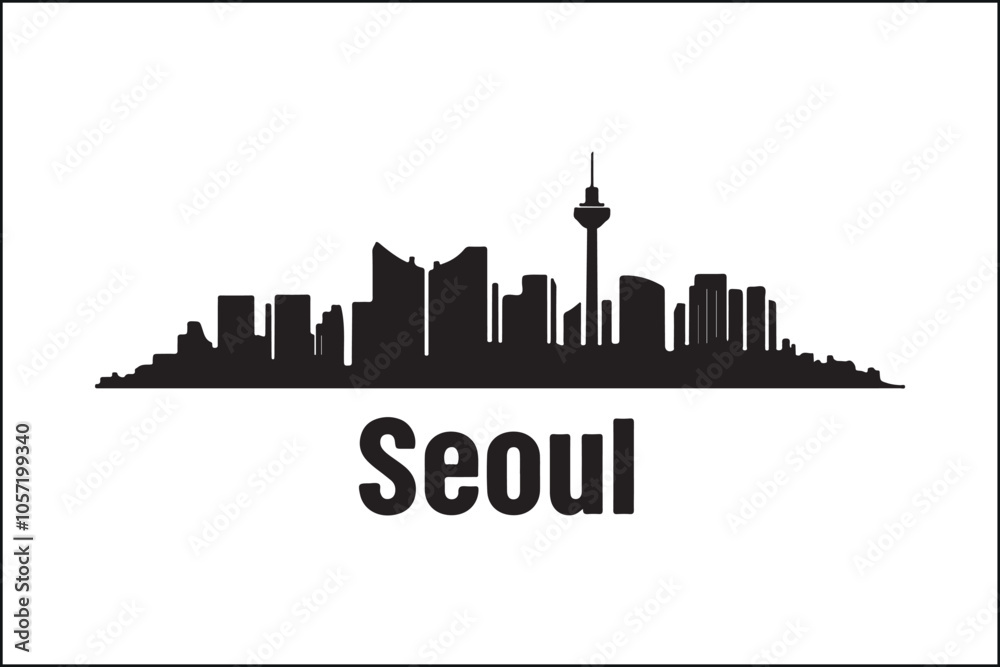 Naklejka premium Seoul Skyline Silhouette Vector | Digital Cityscape IllustrationSeoul City Vector Art | Modern Urban Silhouette DesignSeoul Skyline SVG | Minimalist South Korea SilhouetteSeoul Silhouette Digita