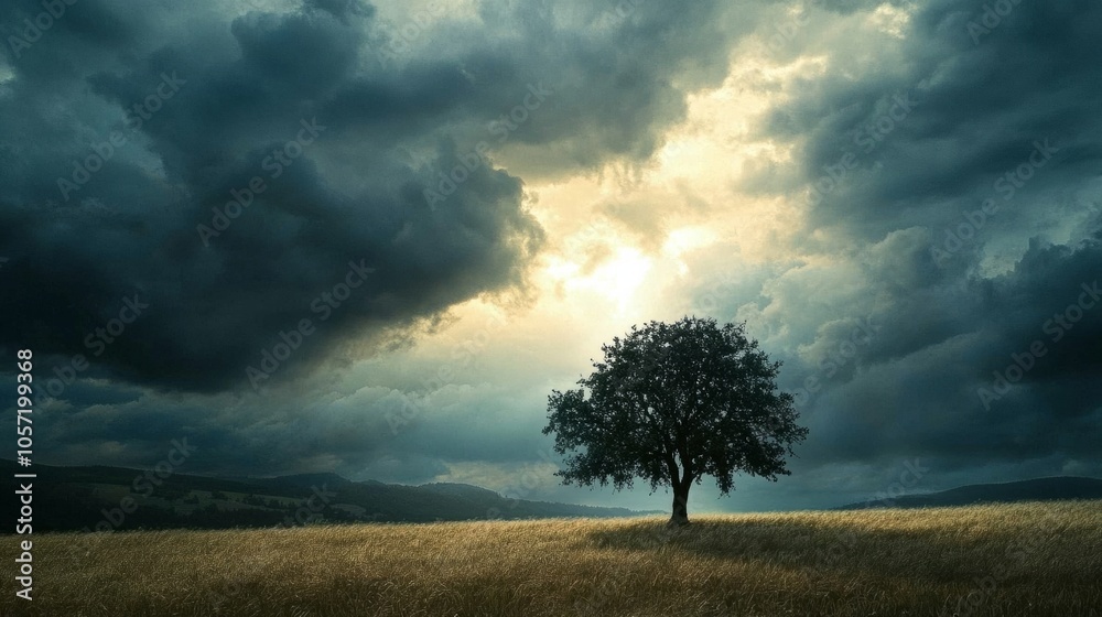 Obraz premium Turbulent storm clouds over a rural field, tree against the sky generative ai