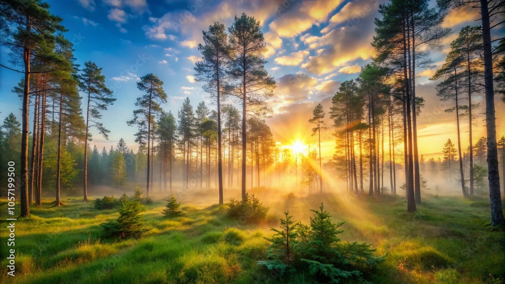 Tranquil Misty Morning in Forest with Ethereal Sunrise Light Filtering Through Trees