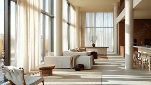 Floor-to-ceiling curtains in a modern, open-concept living room, with soft fabric adding warmth and texture to the space, partially drawn to let in light 