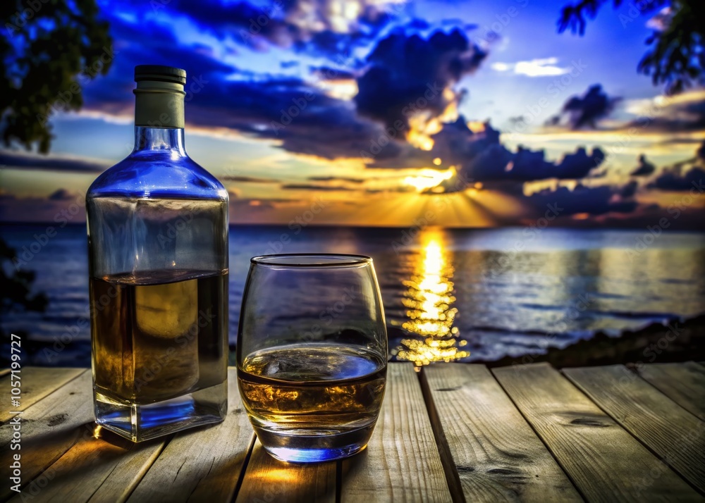 Obraz premium Tranquil Sunset with Whisky Bottle and Glass on Wooden Table by the Sea - Perfect Relaxation Scene