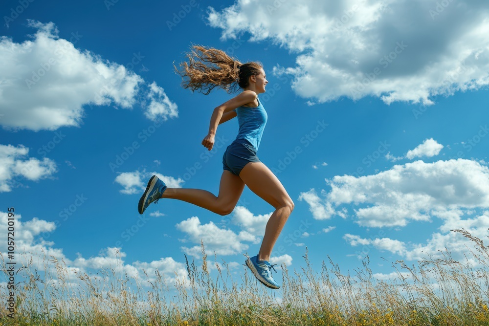 Fit young woman jumping mid-run, captured in an active and energetic pose, showcasing movement and athleticism. Fit young woman jumping mid-run, captured in an active and energetic pose, showcasing movement and athleticism.