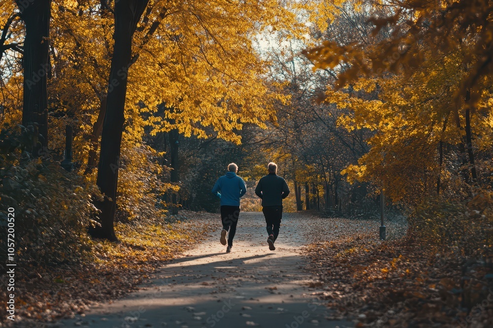 Senior couple jogging together outdoors, promoting health, wellness, and companionship. Senior couple jogging together outdoors, promoting health, wellness, and companionship.