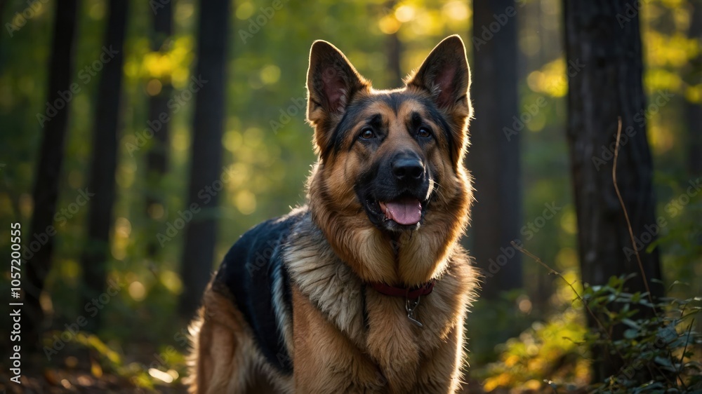 A German Shepherd dog stands in a sunlit forest, showcasing its playful and loyal nature. A German Shepherd dog stands in a sunlit forest, showcasing its playful and loyal nature.