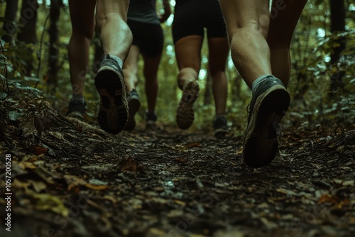 Close-up of legs and shoes of four adults running through a forest trail, focusing on movement and fitness. photo