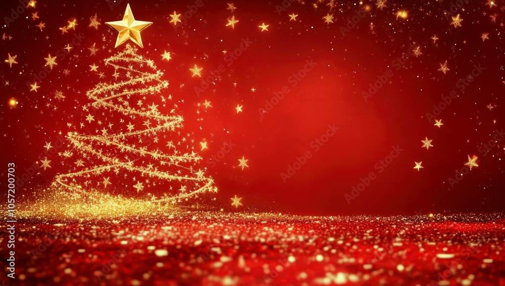 Red background with golden Christmas tree and stars Red background with golden Christmas tree and stars
