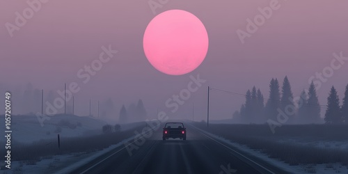 Car Driving on Snowy Road Towards Pink Sunset and Forest