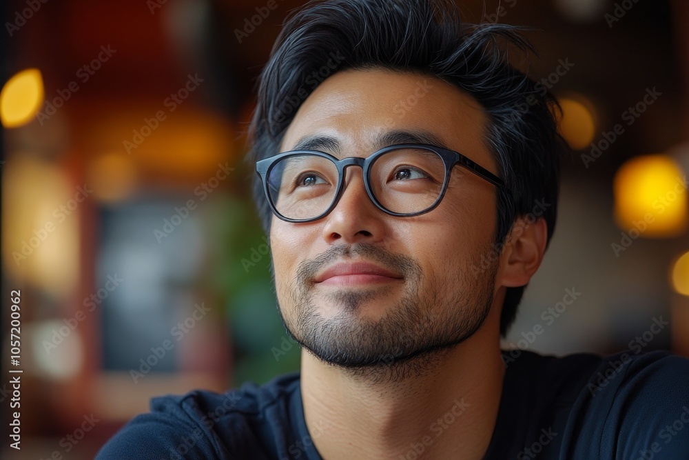 Asian man thinking and smiling, Generative AI Asian man thinking and smiling, Generative AI