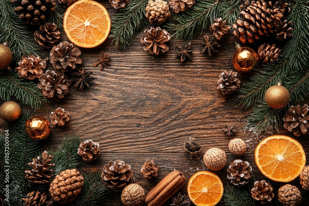 Rustic Christmas Decor with Pine Cones, Oranges, and Fir Branches Rustic Christmas Decor with Pine Cones, Oranges, and Fir Branches