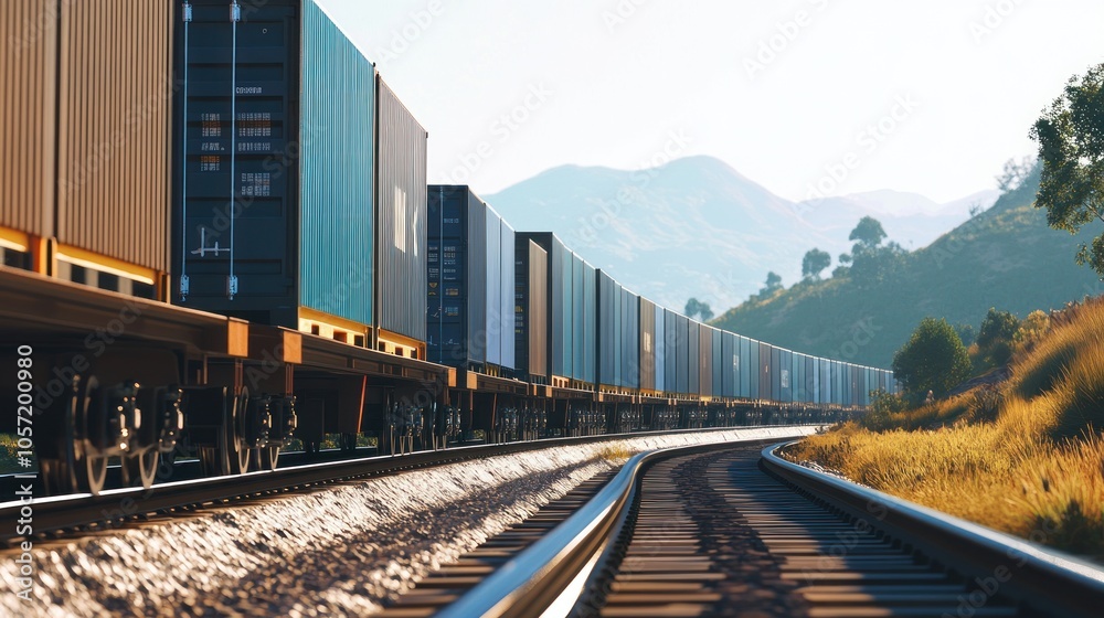 Fototapeta premium Freight Train Winding Through Mountainous Landscape
