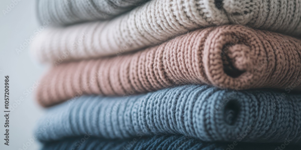 A neatly stacked collection of cozy knitted sweaters in various soft colors. A neatly stacked collection of cozy knitted sweaters in various soft colors.
