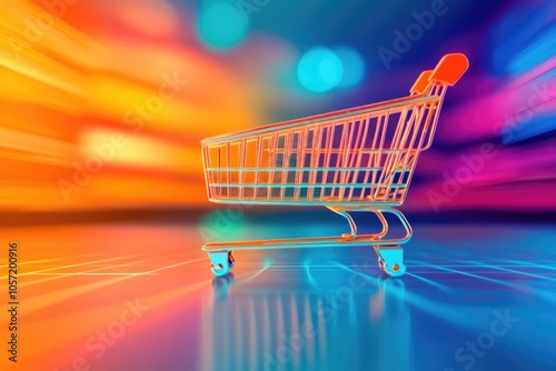 Background of online sales, digital marketing, e-commerce. Shopping cart on futuristic neon background.